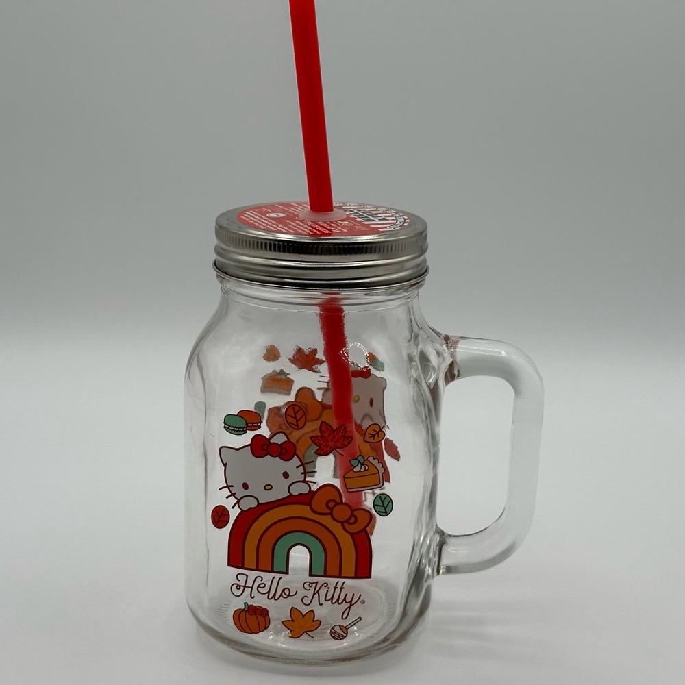 Hello Kitty - Fall Mason Jar with Handle, Lid & Straw Glass 21 oz NEW Sanrio